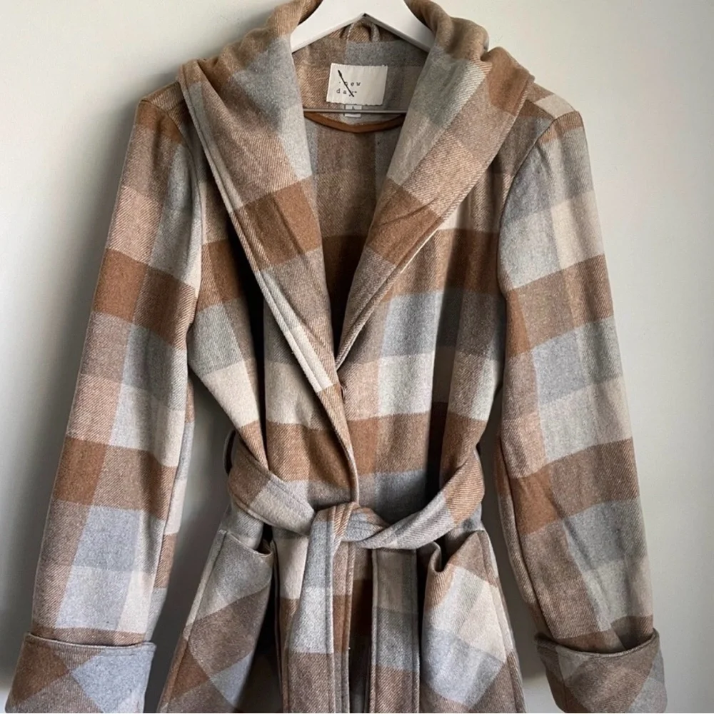 a new day Plaid Belted Hooded Coat in Tan and Cream
